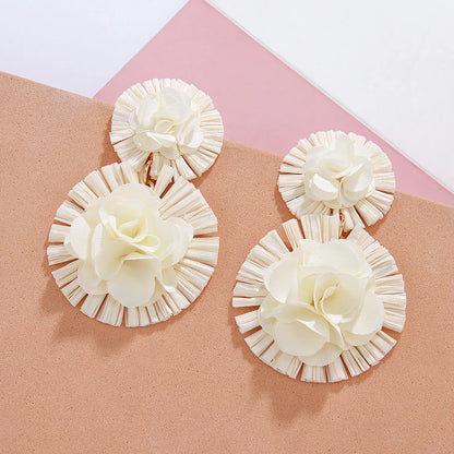 1 Pair Retro Exaggerated Flower Braid Cloth Raffia Drop Earrings