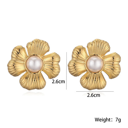 1 Pair Retro Exaggerated Flower Inlay 304 Stainless Steel Pearl Ear Studs