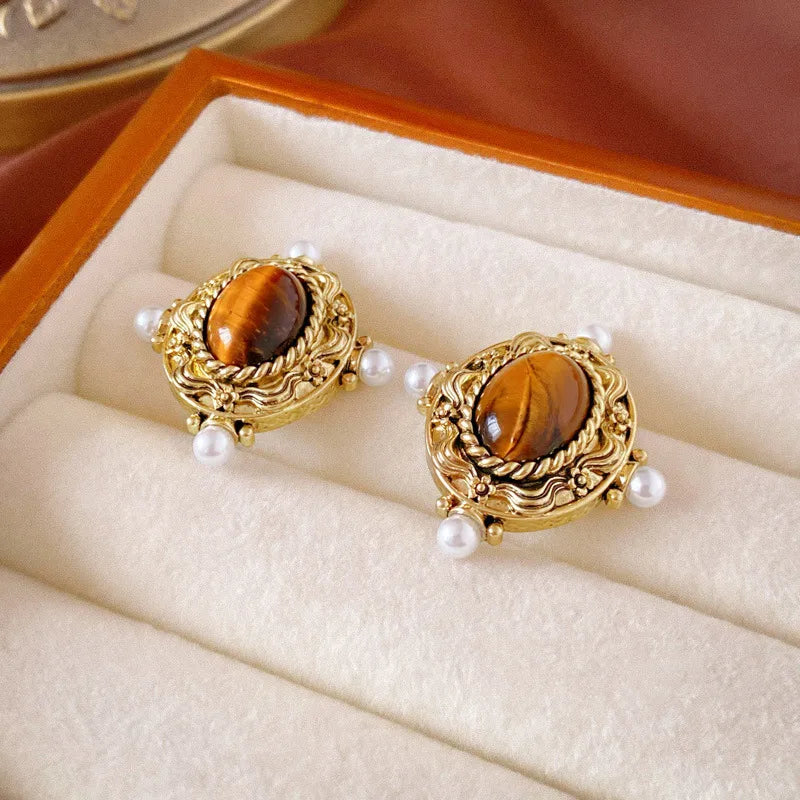 1 Pair Retro Exaggerated Leaves Flower Inlay Alloy Tiger Eye Drop Earrings