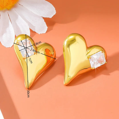 1 Pair Retro Exaggerated Shiny Heart Shape Plating Copper Zircon Gold Plated Ear Studs