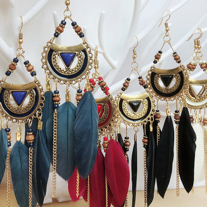 1 Pair Retro Feather Alloy Beaded Tassel Plating Artificial Gemstones Women's Drop Earrings