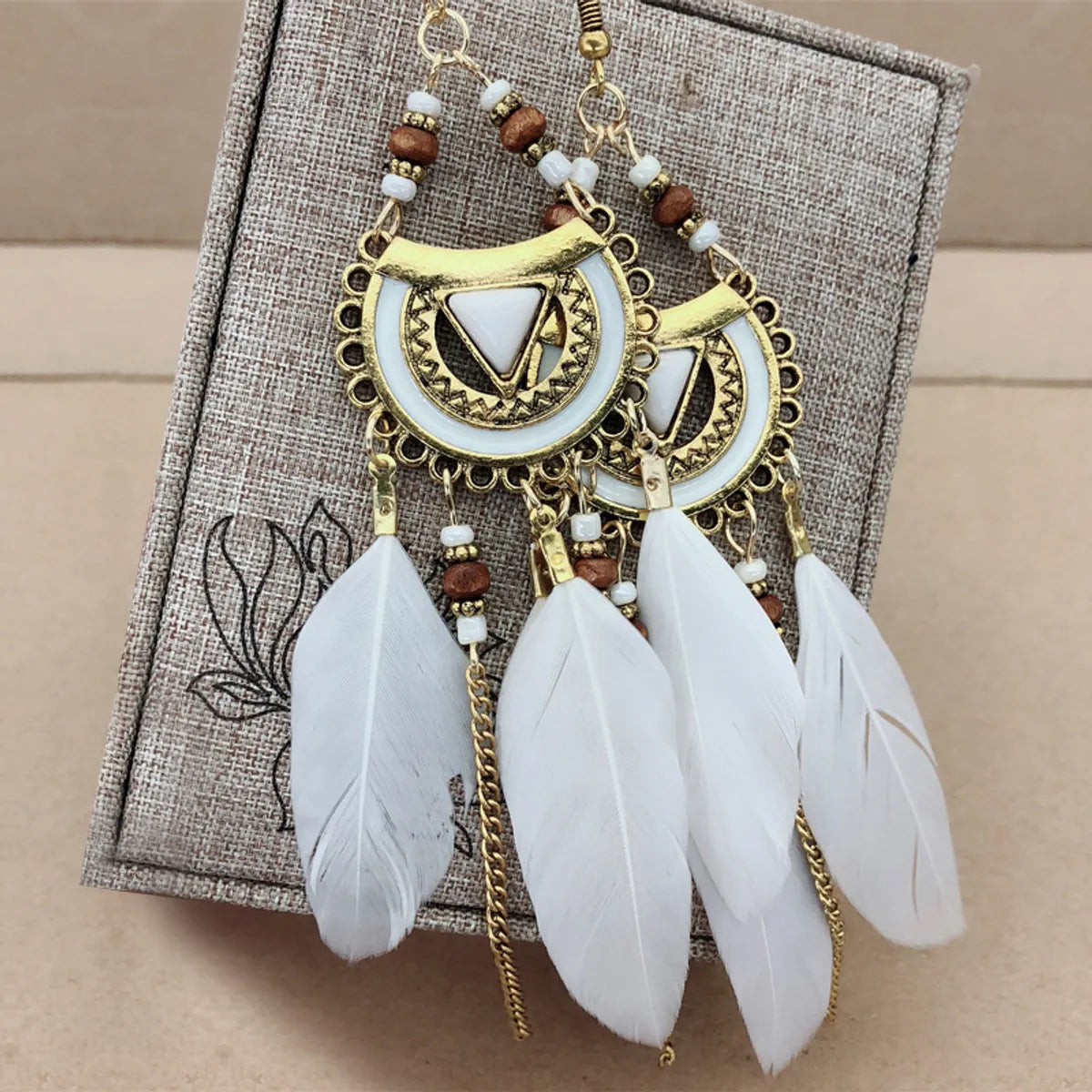 1 Pair Retro Feather Alloy Beaded Tassel Plating Artificial Gemstones Women's Drop Earrings