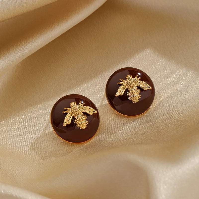 1 Pair Retro Flower Bee Plating Inlay Copper Agate Zircon 18k Gold Plated Ear Studs