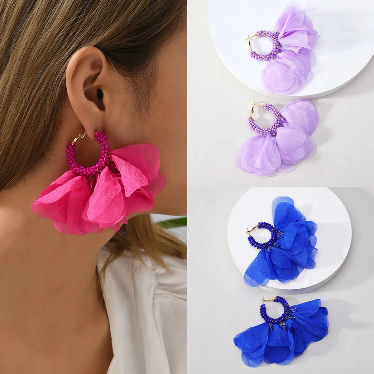 1 Pair Retro Flower Cloth Beaded Women'S Earrings