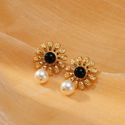 1 Pair Retro Flower Inlay 304 Stainless Steel Pearl Ear Studs