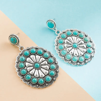 1 Pair Retro Flower Inlay Alloy Turquoise Drop Earrings