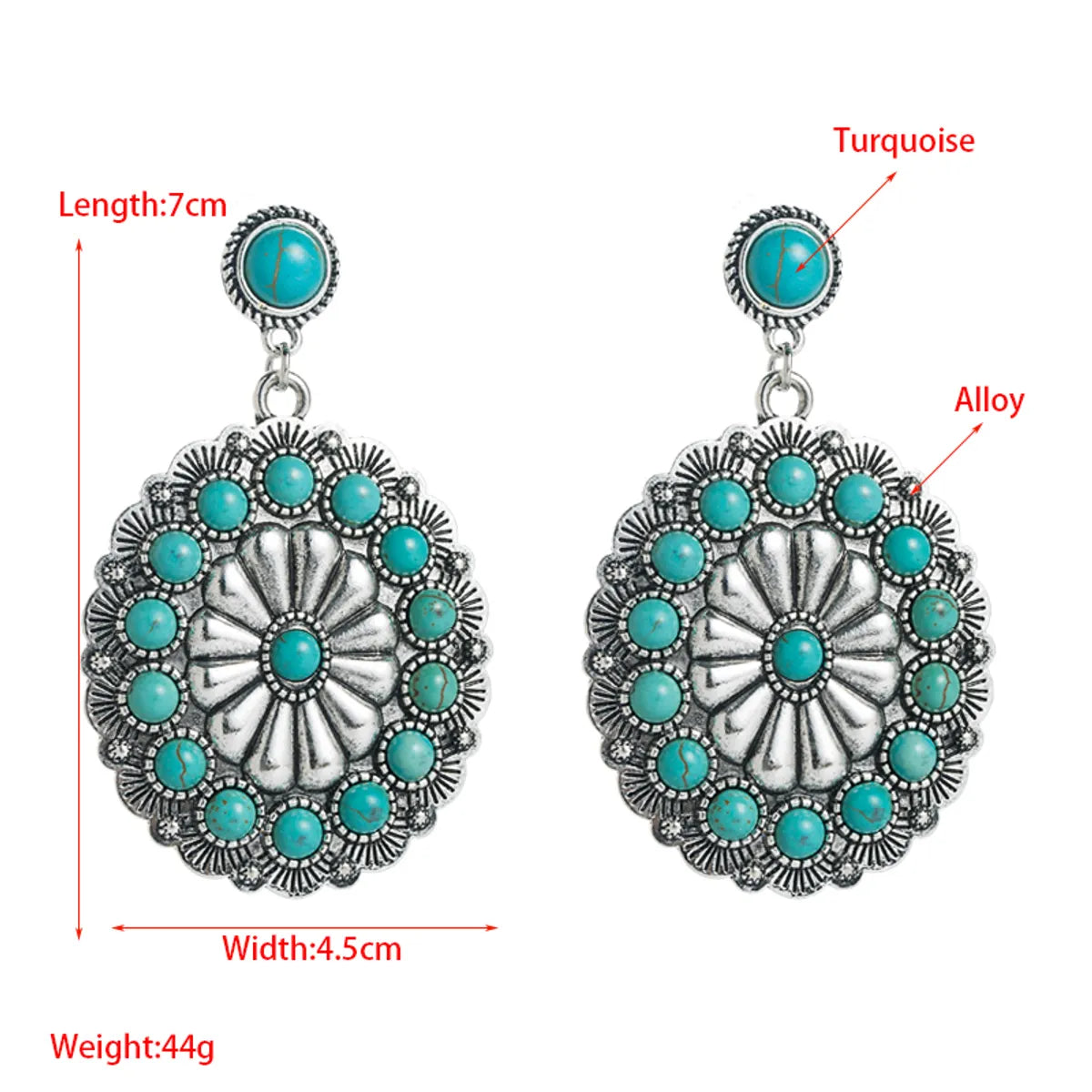 1 Pair Retro Flower Inlay Alloy Turquoise Drop Earrings