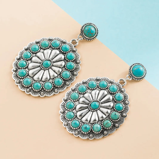 1 Pair Retro Flower Inlay Alloy Turquoise Drop Earrings