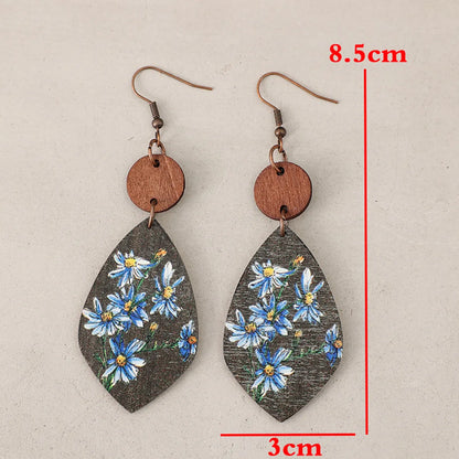 1 Pair Retro Flower Printing Pu Leather Drop Earrings