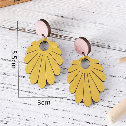 1 Pair Retro Flower Printing Wood Drop Earrings