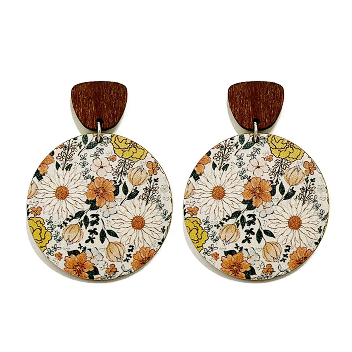 1 Pair Retro Flower Wood Copper Printing Patchwork Women's Drop Earrings