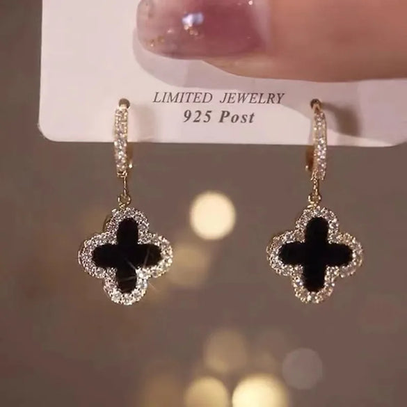 1 Pair Retro Four Leaf Clover Copper Inlay Zircon Drop Earrings