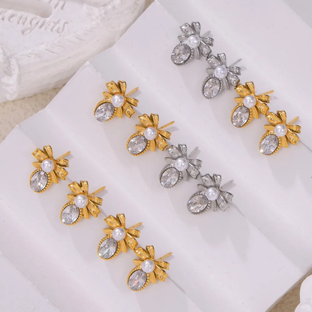 1 Pair Retro French Style Bow Knot Plating Inlay 304 Stainless Steel Artificial Pearls Zircon 18K Gold Plated Ear Studs