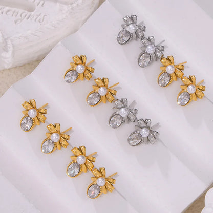 1 Pair Retro French Style Bow Knot Plating Inlay 304 Stainless Steel Artificial Pearls Zircon 18K Gold Plated Ear Studs