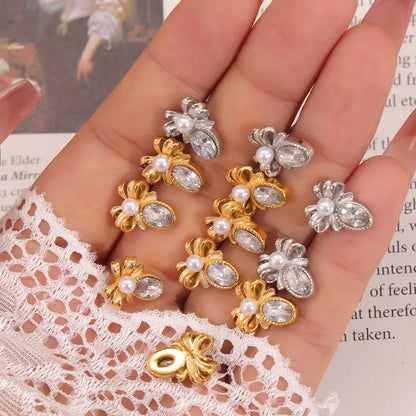 1 Pair Retro French Style Bow Knot Plating Inlay 304 Stainless Steel Artificial Pearls Zircon 18K Gold Plated Ear Studs