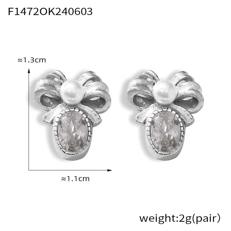 1 Pair Retro French Style Bow Knot Plating Inlay 304 Stainless Steel Artificial Pearls Zircon 18K Gold Plated Ear Studs