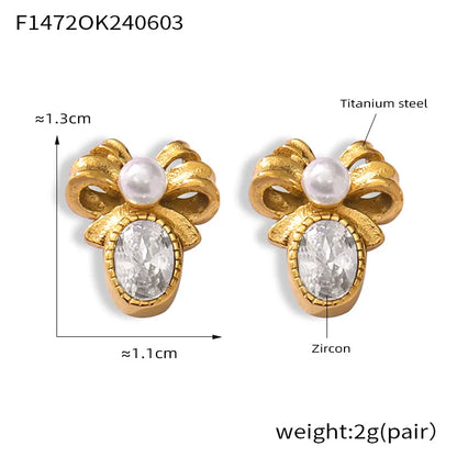 1 Pair Retro French Style Bow Knot Plating Inlay 304 Stainless Steel Artificial Pearls Zircon 18K Gold Plated Ear Studs