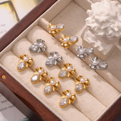 1 Pair Retro French Style Bow Knot Plating Inlay 304 Stainless Steel Artificial Pearls Zircon 18K Gold Plated Ear Studs