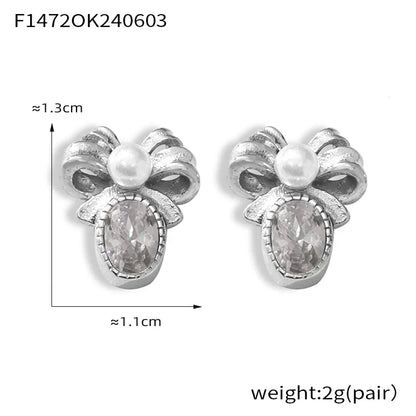 1 Pair Retro French Style Bow Knot Plating Inlay 304 Stainless Steel Artificial Pearls Zircon 18K Gold Plated Ear Studs