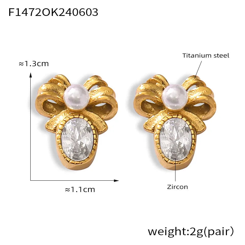 1 Pair Retro French Style Bow Knot Plating Inlay 304 Stainless Steel Artificial Pearls Zircon 18K Gold Plated Ear Studs