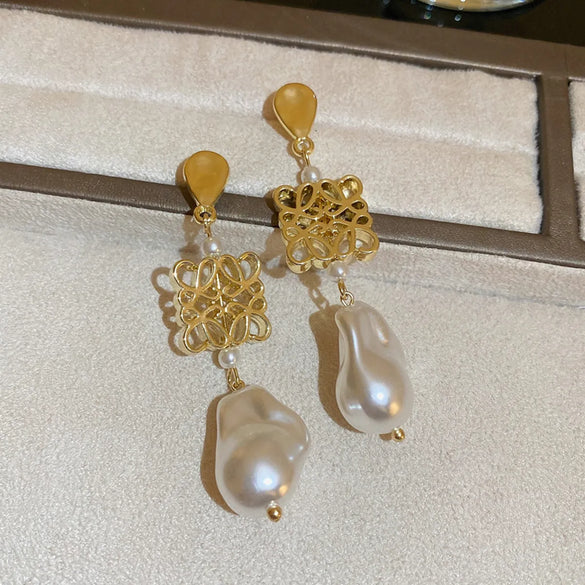 1 Pair Retro French Style Irregular Geometric Oval Inlay Copper Imitation Pearl Tiger Eye Drop Earrings Ear Studs