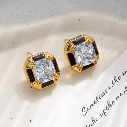 1 Pair Retro French Style Quadrilateral Enamel Plating Inlay Copper Zircon Ear Studs