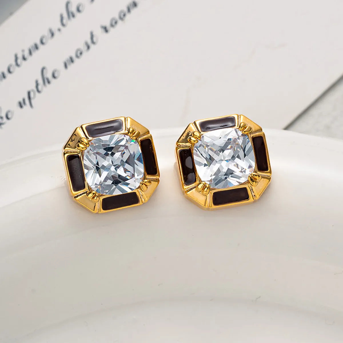 1 Pair Retro French Style Quadrilateral Enamel Plating Inlay Copper Zircon Ear Studs