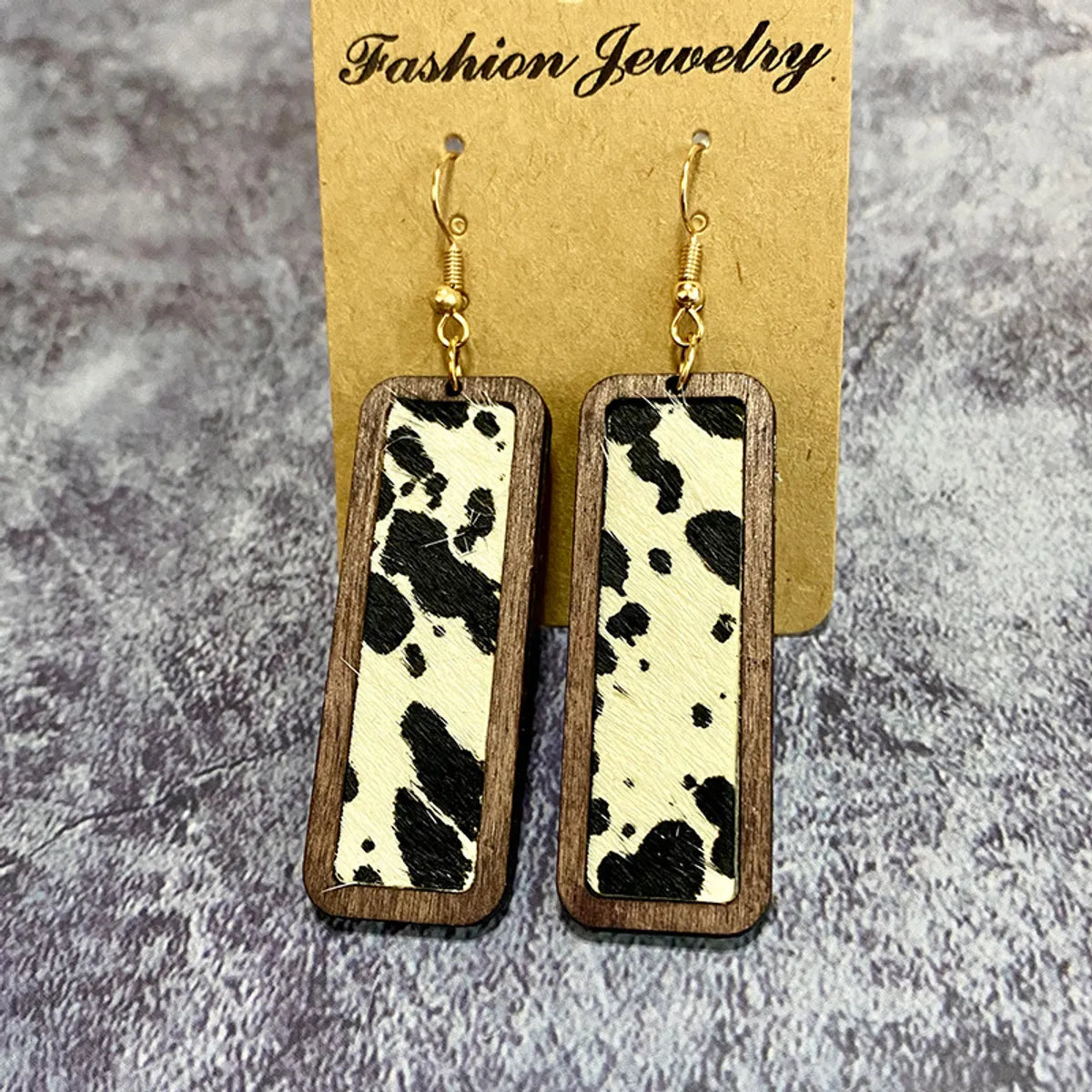 1 Pair Retro Geometric Cow Pattern Wood Drop Earrings