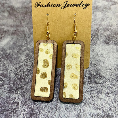 1 Pair Retro Geometric Cow Pattern Wood Drop Earrings