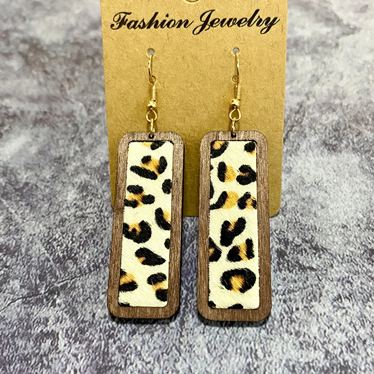 1 Pair Retro Geometric Cow Pattern Wood Drop Earrings