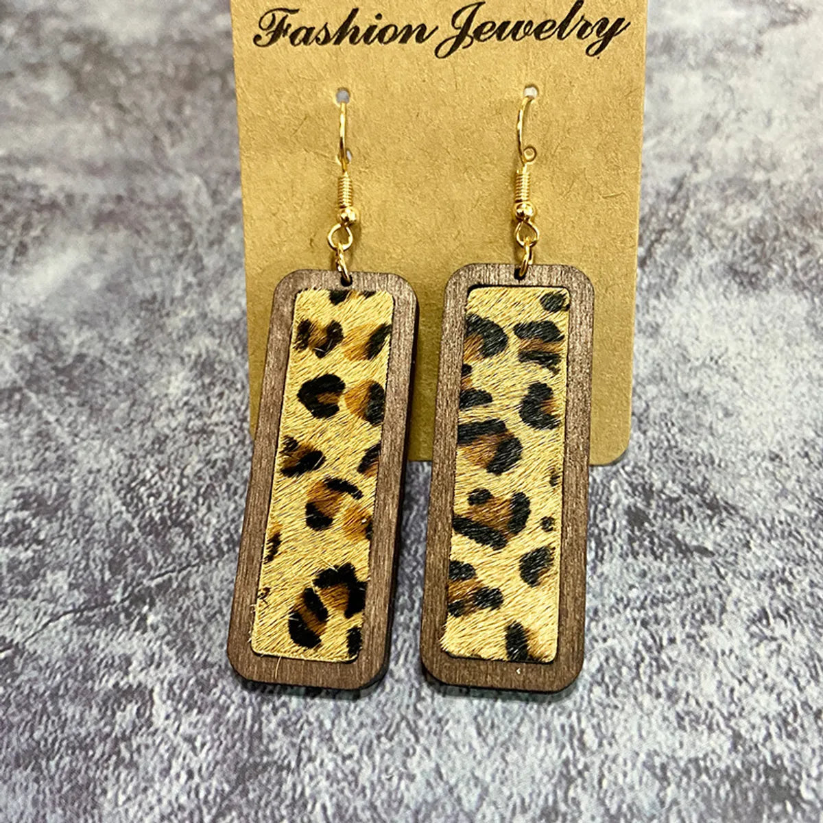 1 Pair Retro Geometric Cow Pattern Wood Drop Earrings