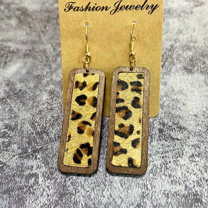 1 Pair Retro Geometric Cow Pattern Wood Drop Earrings