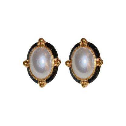 1 Pair Retro Geometric Enamel Imitation Pearl Copper Ear Studs