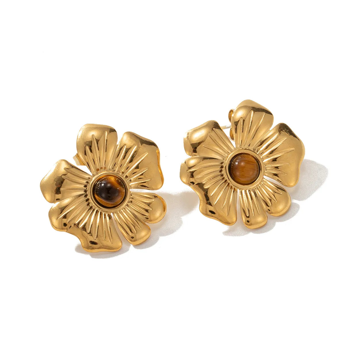 1 Pair Retro Geometric Flower Butterfly Plating Inlay Titanium Steel Tiger Eye 18K Gold Plated Ear Studs