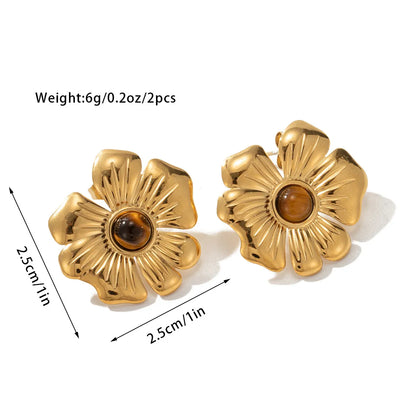 1 Pair Retro Geometric Flower Butterfly Plating Inlay Titanium Steel Tiger Eye 18K Gold Plated Ear Studs