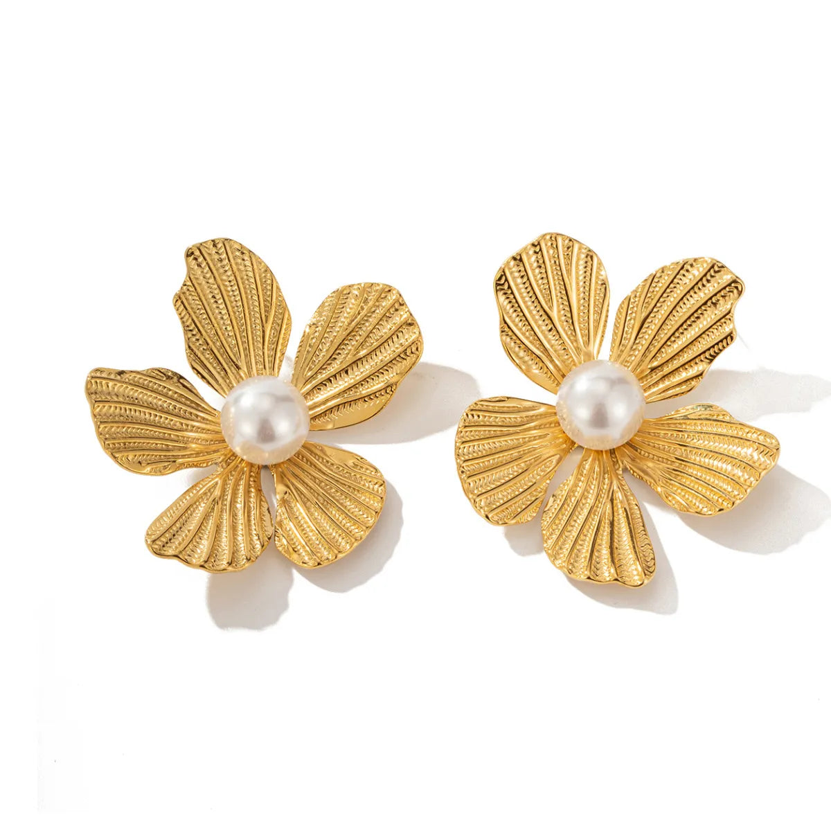 1 Pair Retro Geometric Flower Inlay 304 Stainless Steel Artificial Pearls 18K Gold Plated Drop Earrings Ear Studs