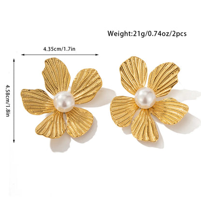 1 Pair Retro Geometric Flower Inlay 304 Stainless Steel Artificial Pearls 18K Gold Plated Drop Earrings Ear Studs