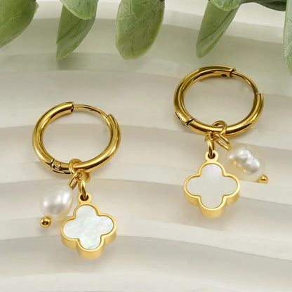 1 Pair Retro Geometric Four Leaf Clover Mixed Materials Inlay Pearl Shell Women'S Drop Earrings