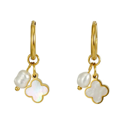 1 Pair Retro Geometric Four Leaf Clover Mixed Materials Inlay Pearl Shell Women'S Drop Earrings