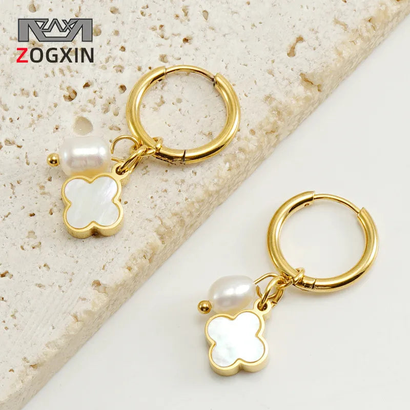 1 Pair Retro Geometric Four Leaf Clover Mixed Materials Inlay Pearl Shell Women'S Drop Earrings