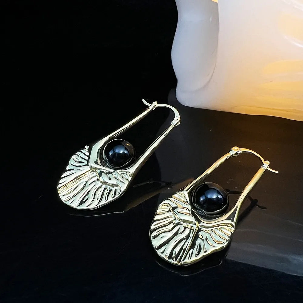 1 Pair Retro Geometric Inlay Copper Obsidian 24K Gold Plated Earrings