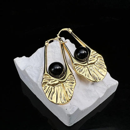 1 Pair Retro Geometric Inlay Copper Obsidian 24K Gold Plated Earrings