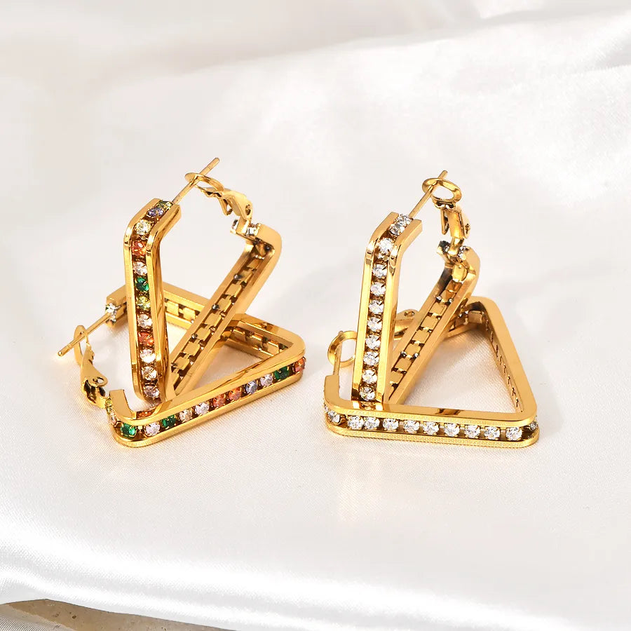 1 Pair Retro Geometric Inlay 304 Stainless Steel Zircon 18K Gold Plated Ear Studs