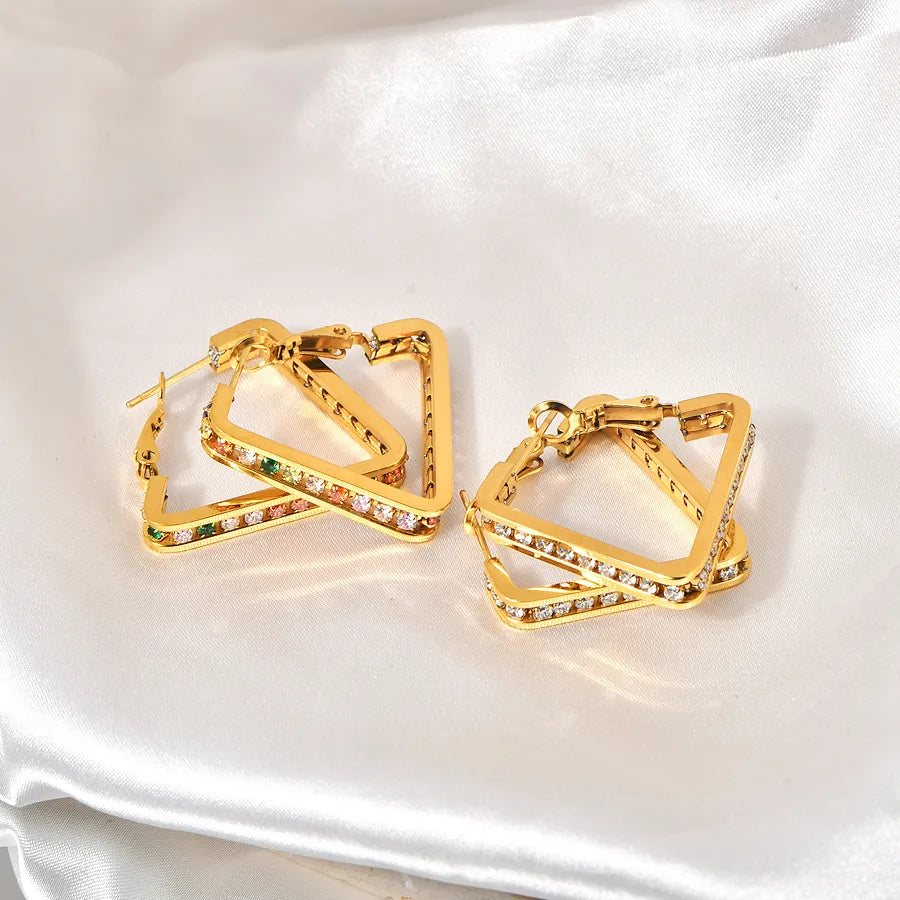 1 Pair Retro Geometric Inlay 304 Stainless Steel Zircon 18K Gold Plated Ear Studs