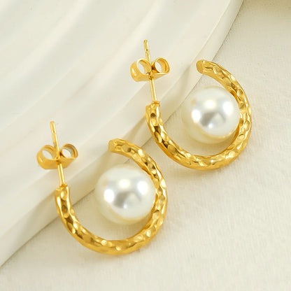 1 Pair Retro Geometric Plating Inlay Stainless Steel Artificial Pearls 18k Gold Plated Earrings