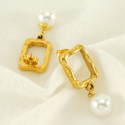 1 Pair Retro Geometric Plating Inlay Stainless Steel Artificial Pearls 18k Gold Plated Earrings