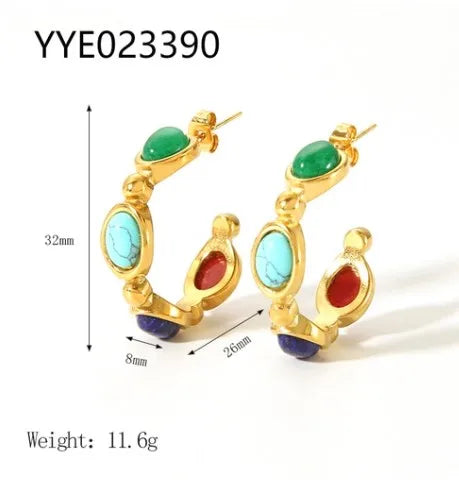 1 Pair Retro Geometric Plating Inlay 304 Stainless Steel Natural Stone 18K Gold Plated Ear Studs