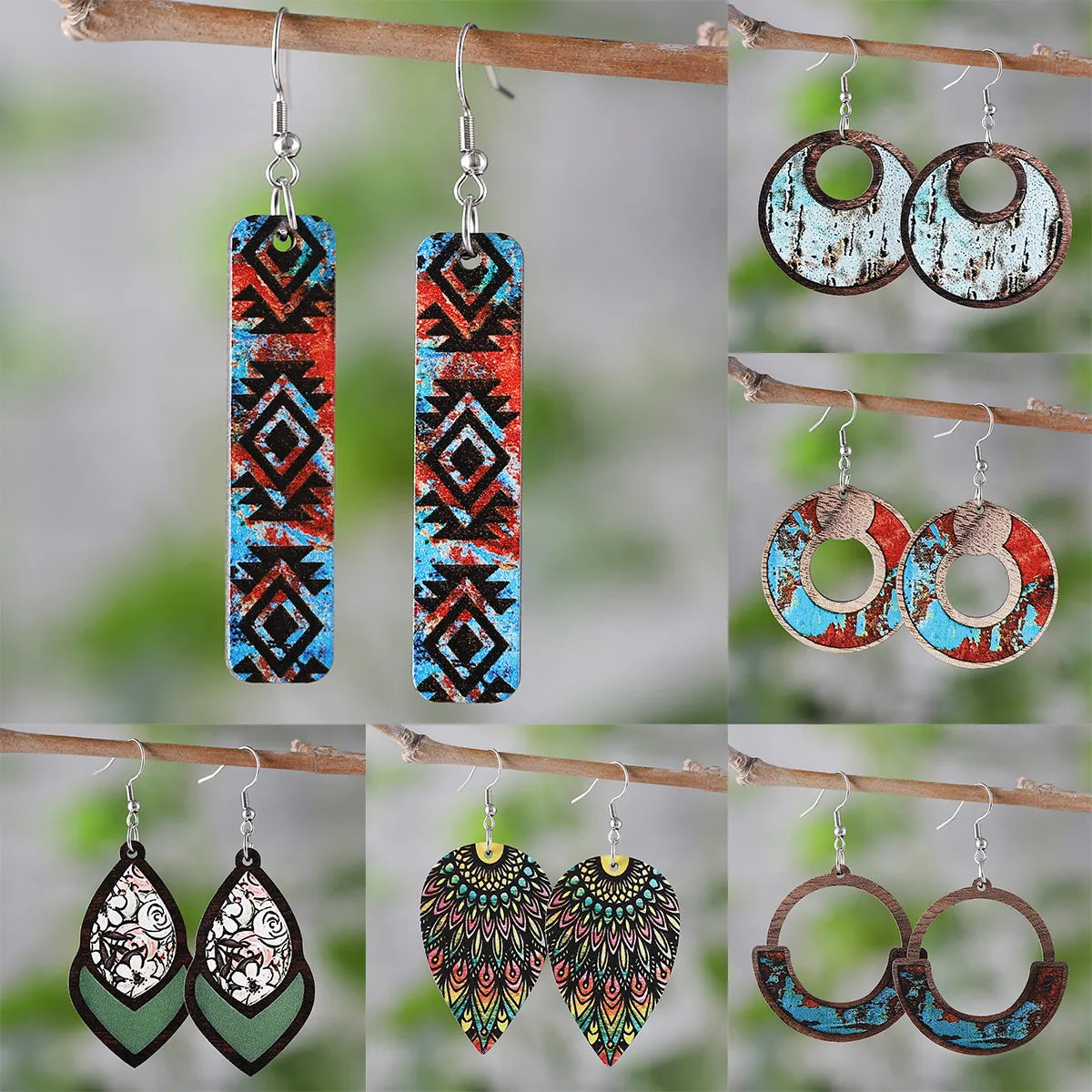 1 Pair Retro Geometric Wood Drop Earrings