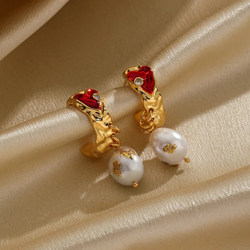 1 Pair Retro Heart Shape Enamel Plating Inlay Copper Freshwater Pearl 18k Gold Plated Drop Earrings