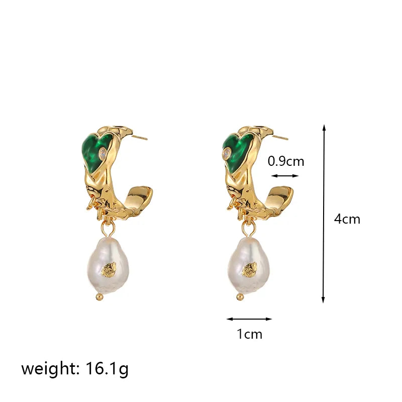 1 Pair Retro Heart Shape Enamel Plating Inlay Copper Freshwater Pearl 18k Gold Plated Drop Earrings